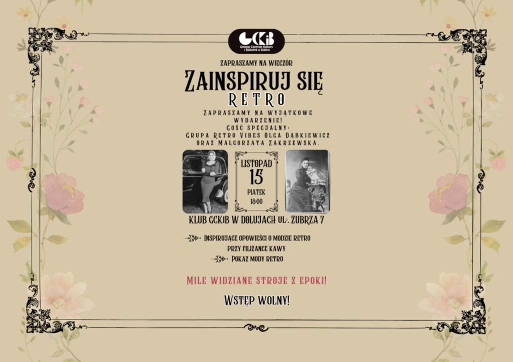 Plakat w stylu retro, zapraszający na wydążenie "ZINSPIRUJ SIE RETRO" w klubie w Dołujach