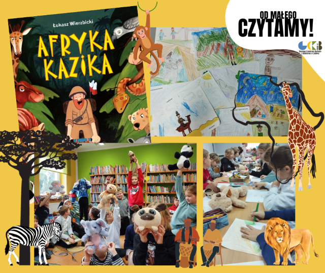 plakat z okładką książki afryka kazika i dziećmi podczas zajęć czytelniczych
